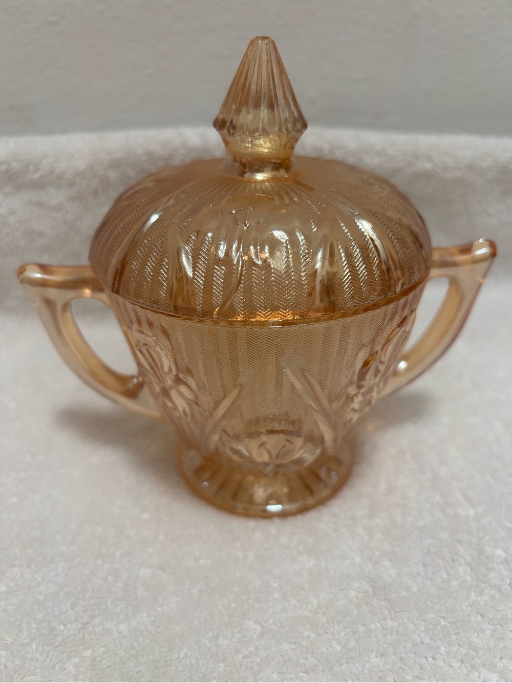 Vintage Jeanette iris and herringbone marigold carnival glass sugar dish